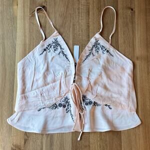 Rumored Wilder Top Tie Front Spaghetti Strap Embroidered Boho Size Medium Pink